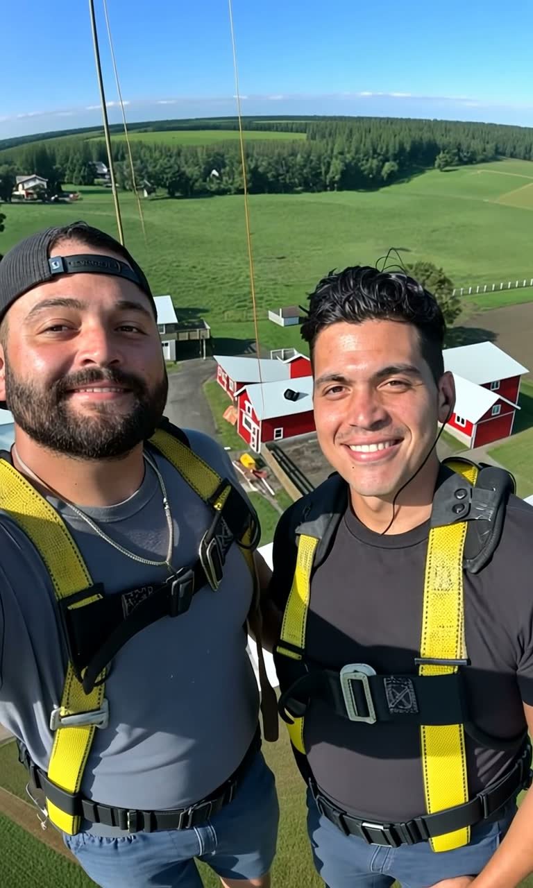 Two crew members in safety harnesses high above a job site with farmland views below