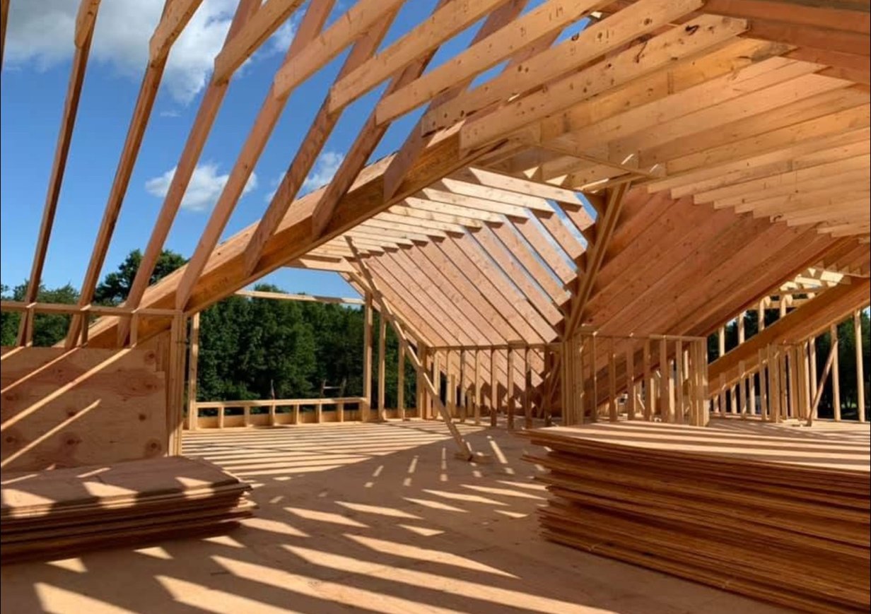 Sunlit vaulted roof framing with exposed rafters in a new construction build